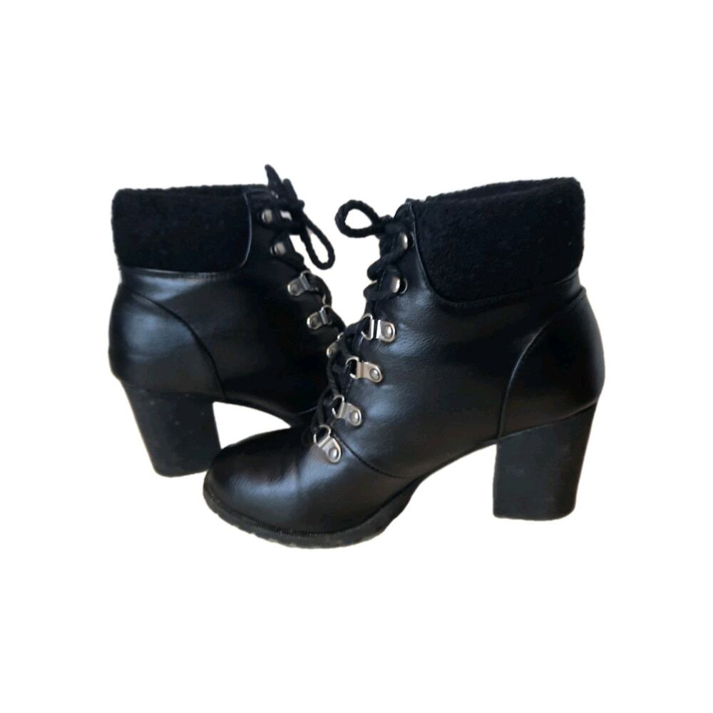 Bamboo Rattle Womens Faux Leather‎ Lace Up Heels Ankle Boots Size 9 Black
